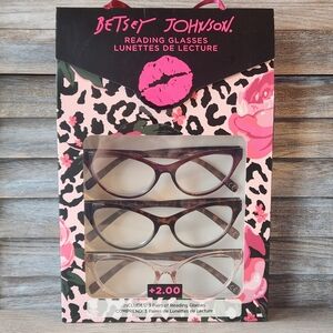 Betsey Johnson Reading Glasses +2.00 CAT EYES 3 Pack Tortoise Pale Pink Plum NEW